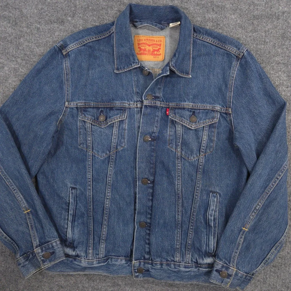 Levis‎ Trucker Jacket Mens L Blue Fort Mason Camo Patch Back Medium Wash Denim